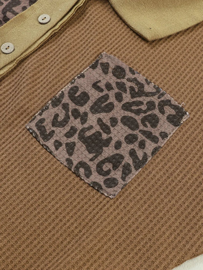 Trendsi Half Button Leopard Collared Neck Blouse
