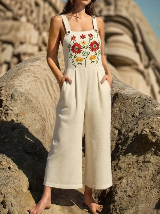 Floral Embroidered Wide Leg Jumpsuit Tan Easy Apparels