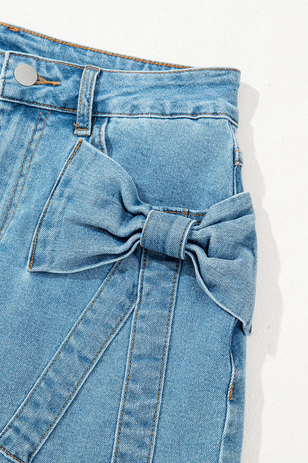 Acid Wash Bowknot Details High Waist Denim Skirt Easy Apparels