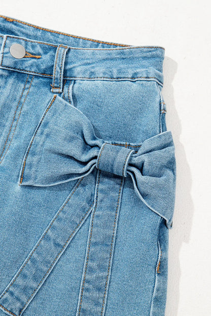 Acid Wash Bowknot Details High Waist Denim Skirt Easy Apparels
