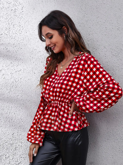 Trendsi Plaid V-Neck Balloon Sleeve Peplum Blouse