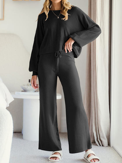 Long Sleeve Lounge Top and Drawstring Pants Set Easy Apparels