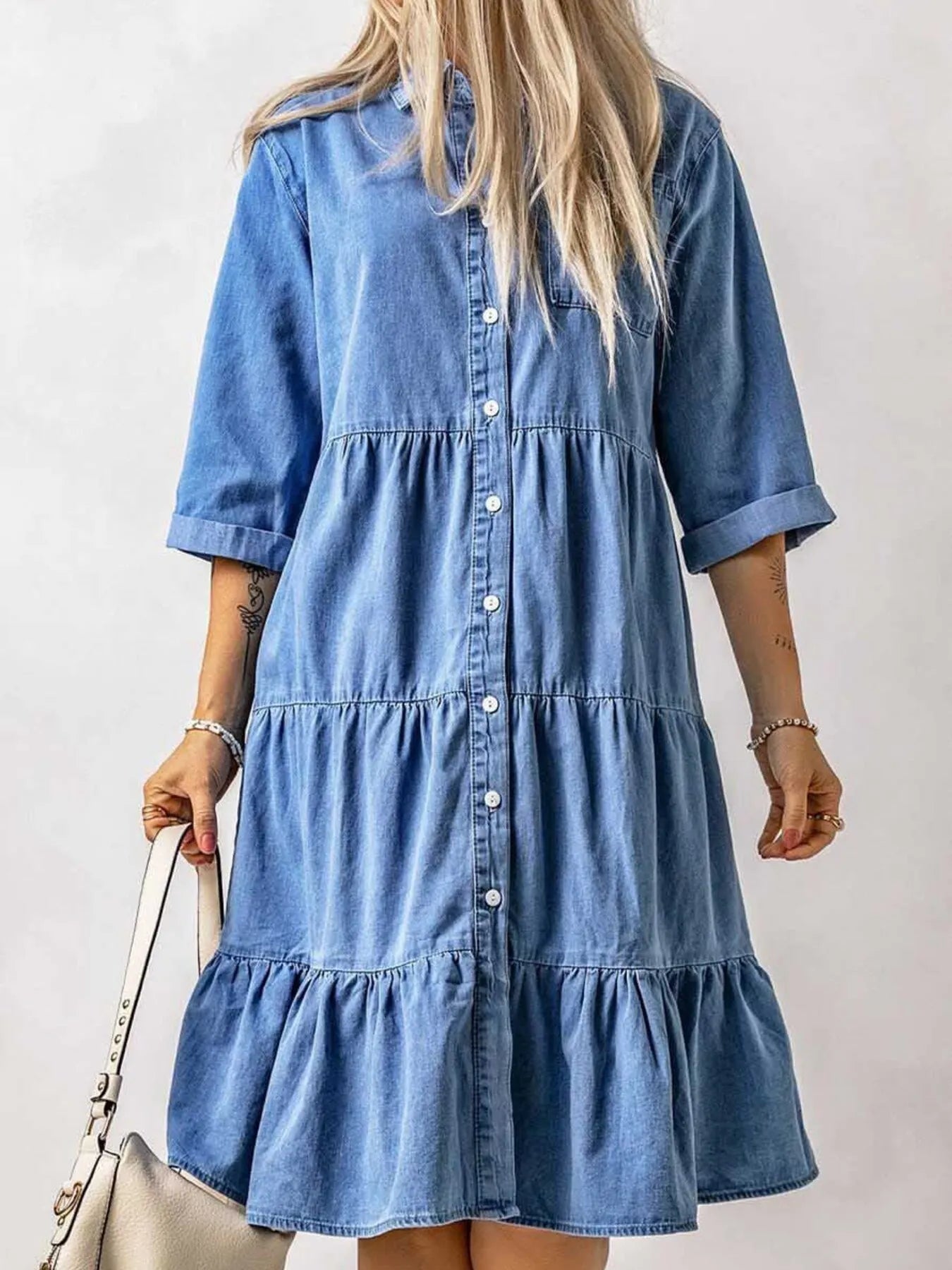 Full Size Ruffled Hem Button Up Denim Midi Dress Plus Size Easy Apparels