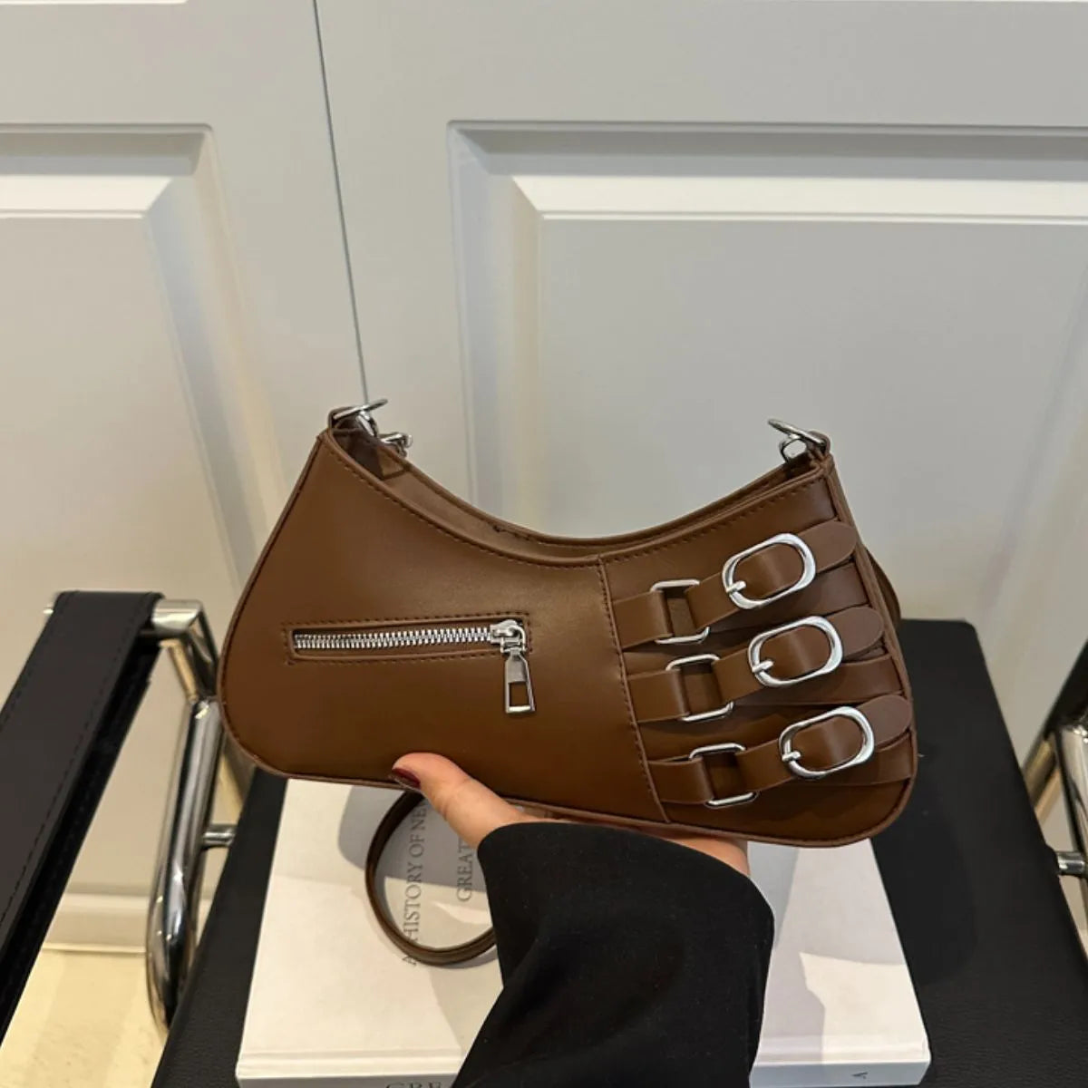 Decor Buckle Shoulder Bag Coffee onesize Easy Apparels