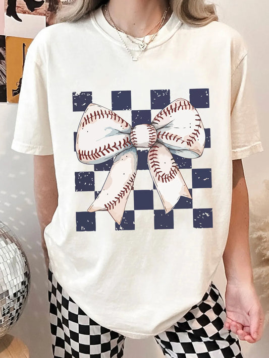 Trendsi Checkered Bowknot Graphic Crew Neck T Shirt White