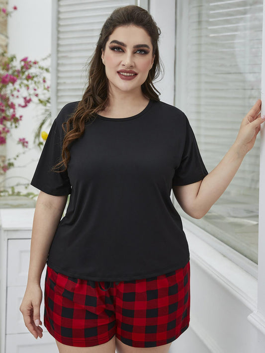 Plus Size Round Neck Tee Shirt and Plaid Shorts Lounge Set Black Red Easy Apparels