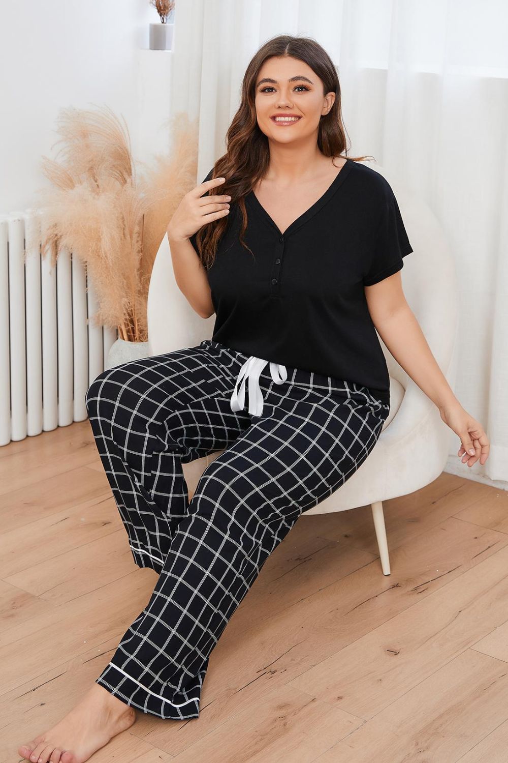 Plus Size V-Neck Top and Plaid Pants Lounge Set Easy Apparels
