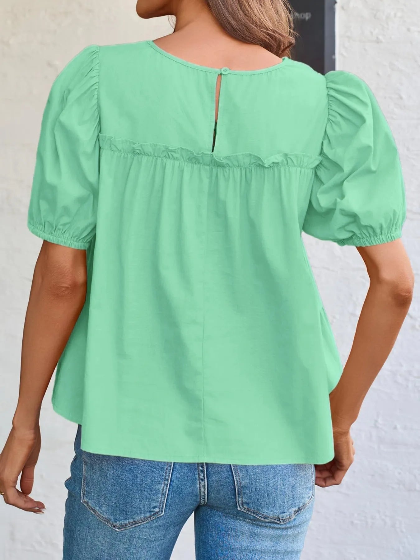 Trendsi Tiered Round Neck Puff Sleeve Ruched Blouse