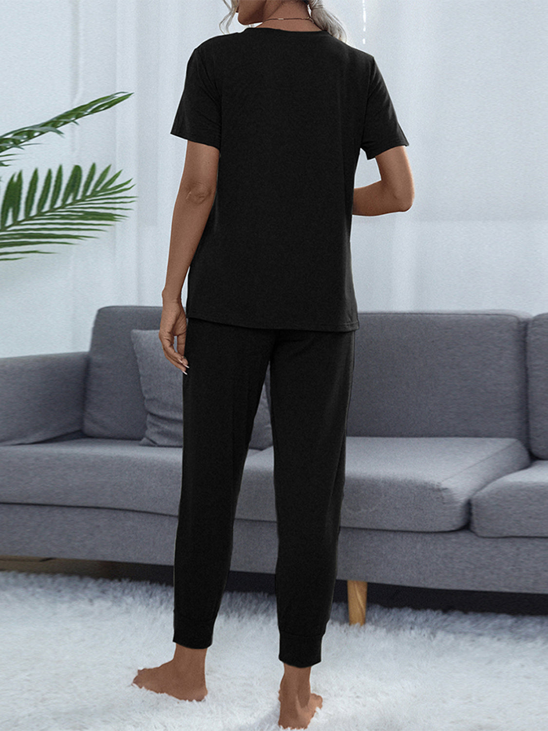 Shiny Round Neck Short Sleeve Top and Pants Set Easy Apparels