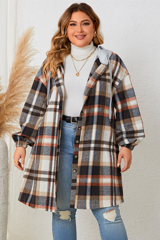 Honey Plus Size Plaid Drop Shoulder Hooded Coat Black Easy Apparels