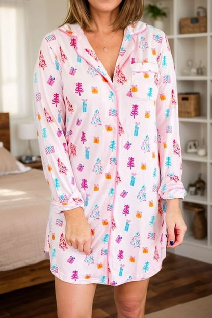 Printed Collared Neck Long Sleeve Lounge Dress Blush Pink Easy Apparels