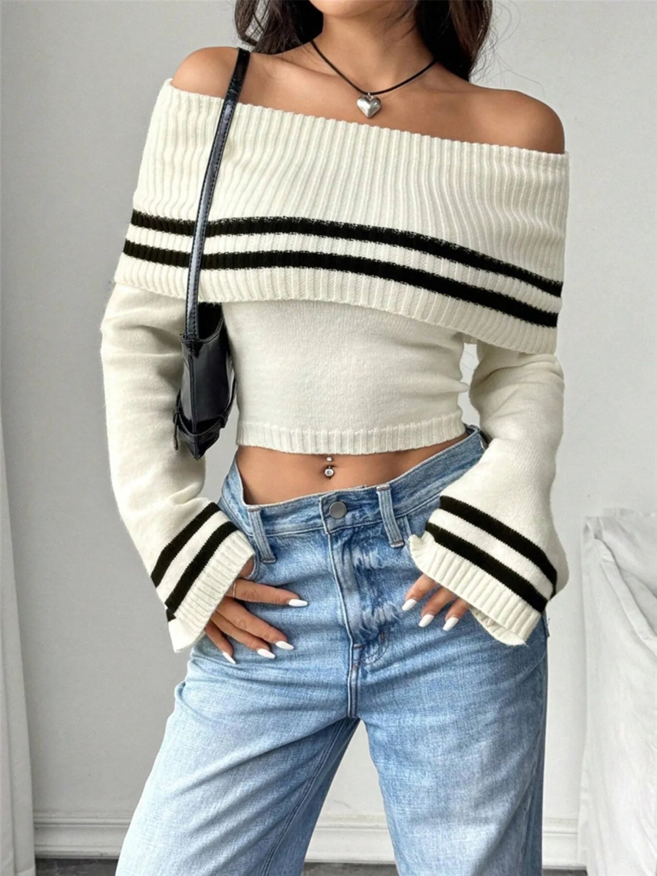 Trendsi Ribbed Off-Shoulder Striped Knit Top White