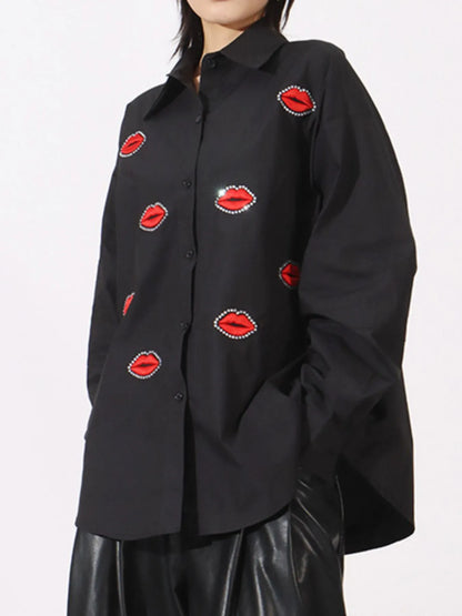 Trendsi Lips Button Up Long Sleeve Shirt Black One size fits all