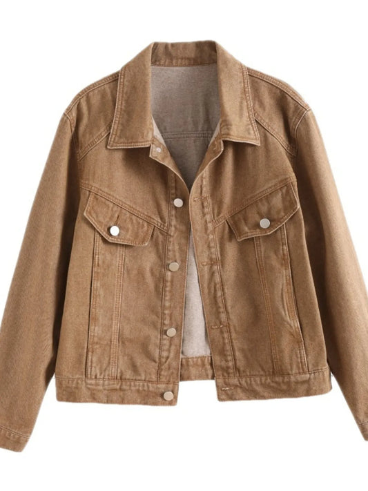 Button Up Long Sleeve Denim Jacket Khaki Easy Apparels