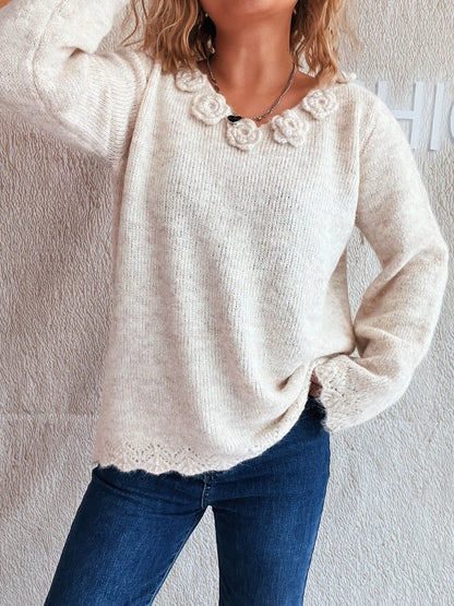 Trendsi Flower V-Neck Long Sleeve Sweater Apricot One Size