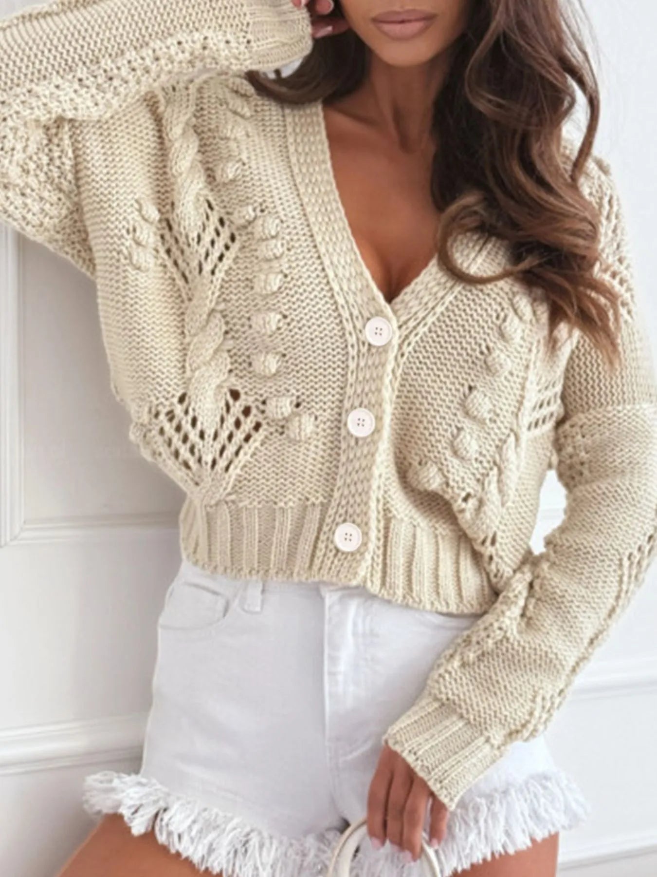 Chunky Cropped Button-Up Sweater Cardigan Beige Easy Apparels