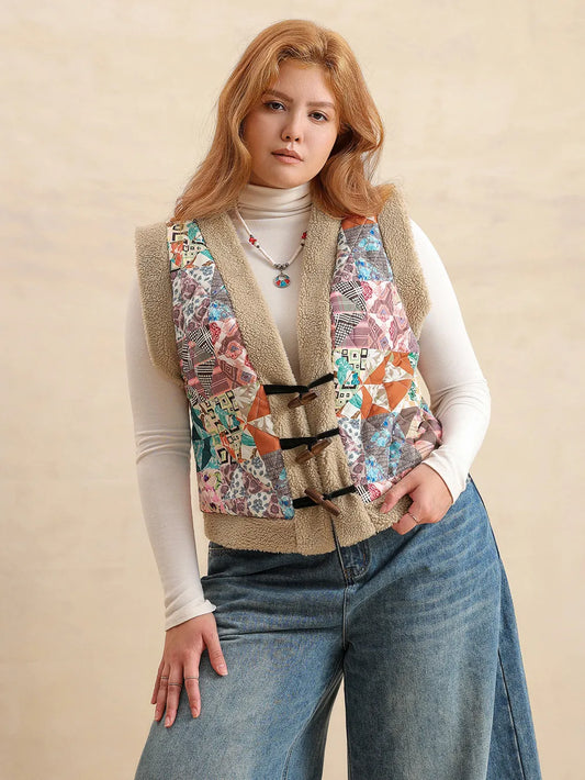 Plus Size Printed Sherpa Vest Coat Multicolor Easy Apparels