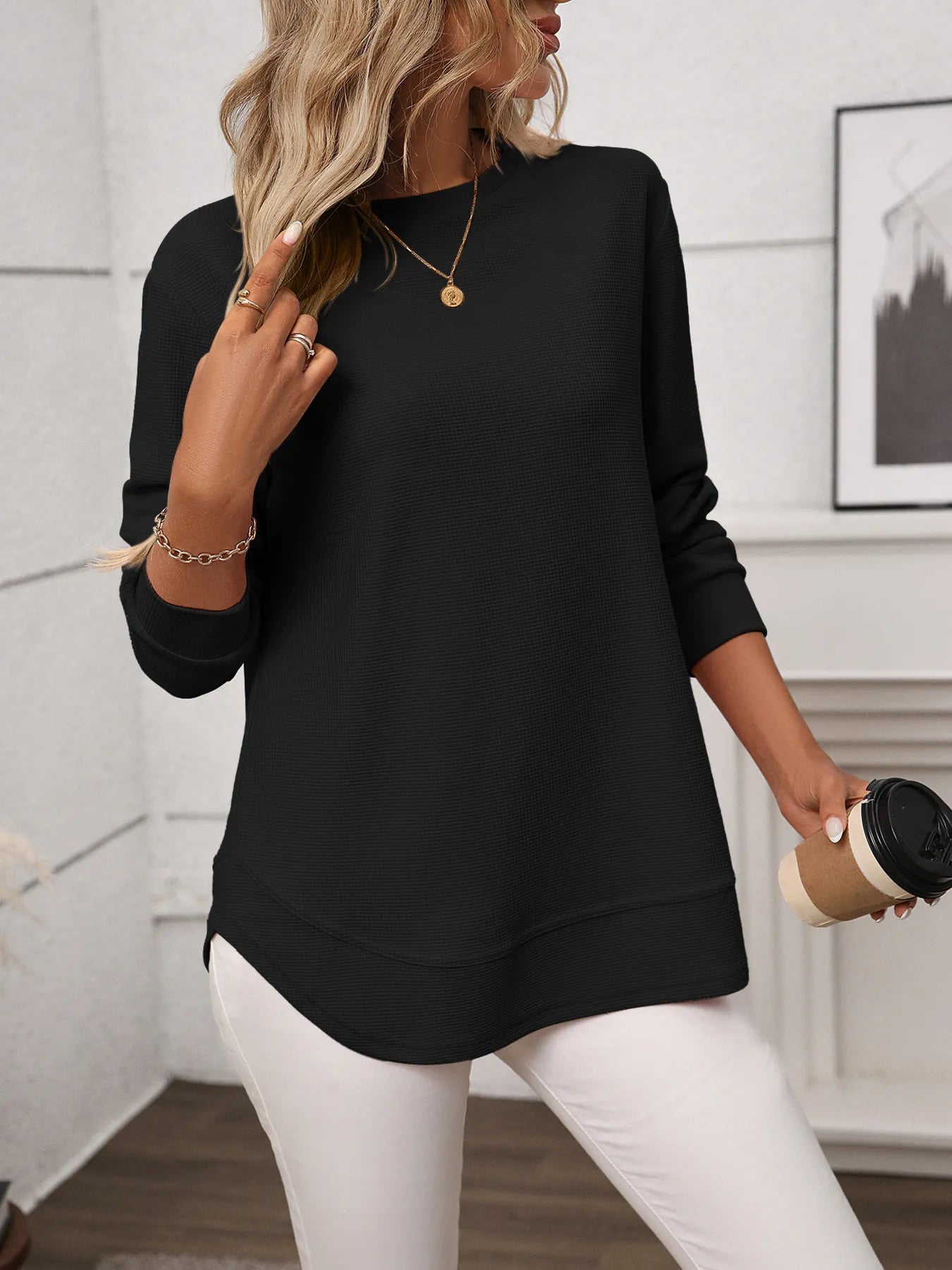 Trendsi Long Sleeve Round Neck T-Shirt Black