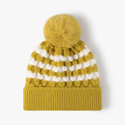 Striped Contrast Knit Hat with Pom-pom Yellow One Size Easy Apparels
