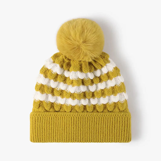 Striped Contrast Knit Hat with Pom-pom Yellow One Size Easy Apparels
