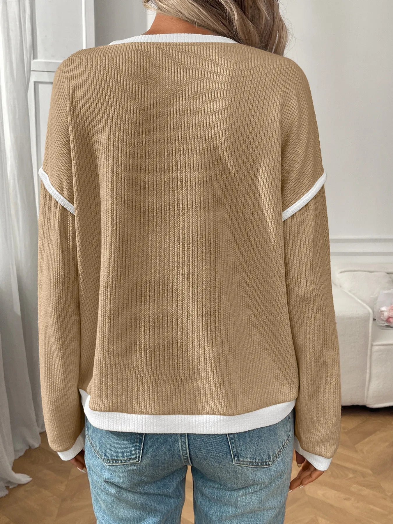 Trendsi Ribbed Contrast Trim Long Sleeve Top
