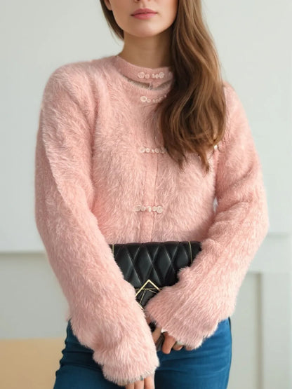 Cutout Knot Button Long Sleeve Cardigan Pale Blush One Size Easy Apparels