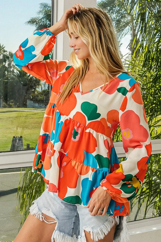 Trendsi BiBi Floral Woven Tiered V Neck Top FLORAL