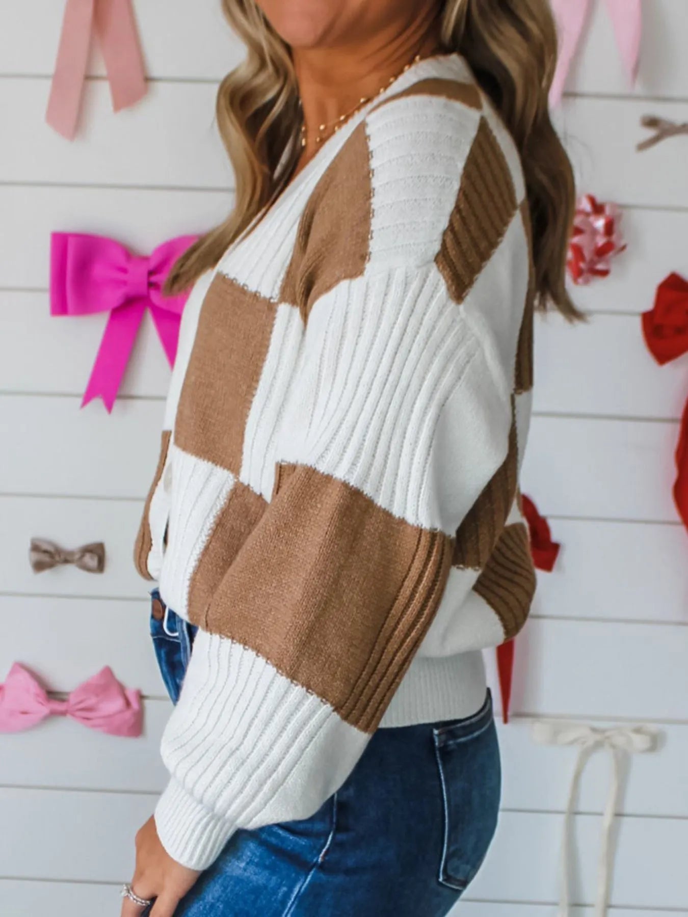 Color Block Knit Button-Up Cardigan Easy Apparels