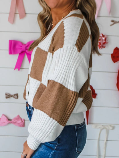 Color Block Knit Button-Up Cardigan Easy Apparels