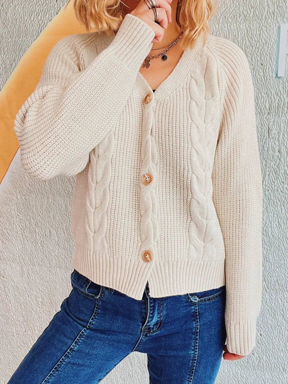 Cable-Knit V-Neck Button Down Long Sleeve Cardigan Easy Apparels