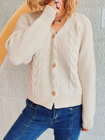Cable-Knit V-Neck Button Down Long Sleeve Cardigan Easy Apparels