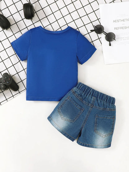 Children's Letter Round Neck Top and Denim Shorts Set Easy Apparels
