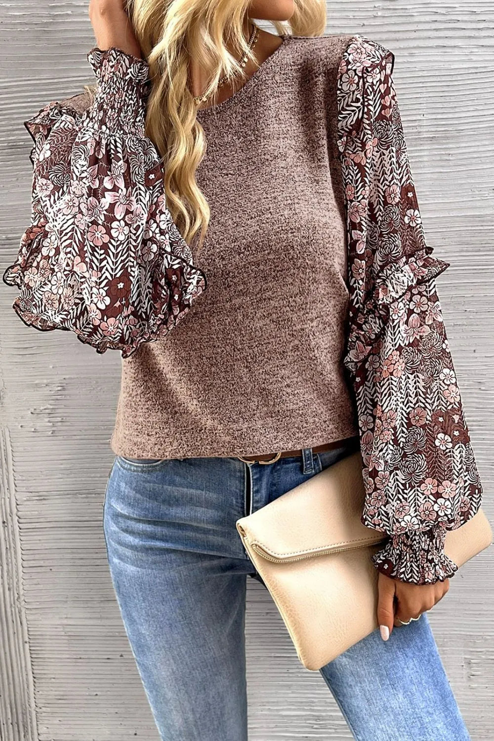 Trendsi Heathered Floral Frill Lantern Sleeve Blouse