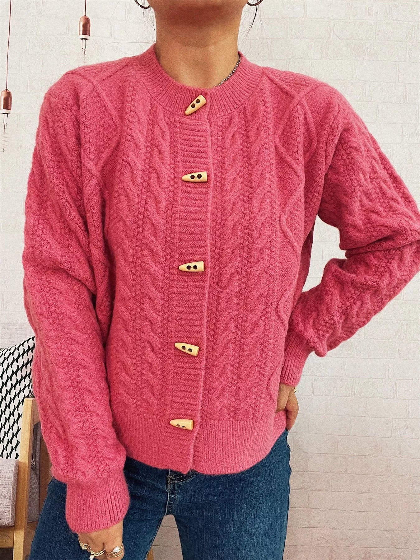 Cable Knit Button-Up Cardigan Easy Apparels
