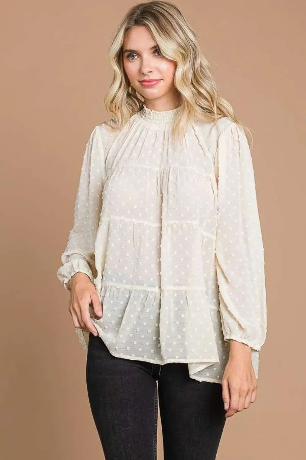 Trendsi Culture Code Full Size Swiss Dot Smocked Mock Neck Blouse Plus Size IVORY CREAM