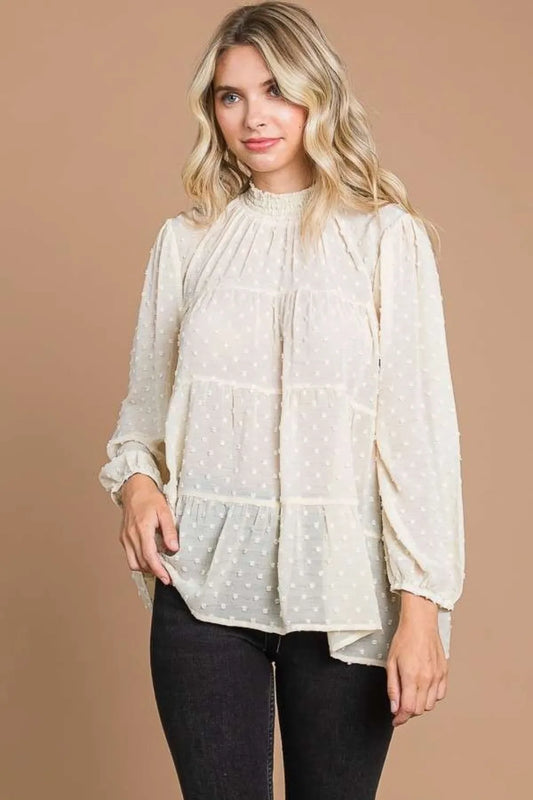 Trendsi Culture Code Full Size Swiss Dot Smocked Mock Neck Blouse Plus Size IVORY CREAM