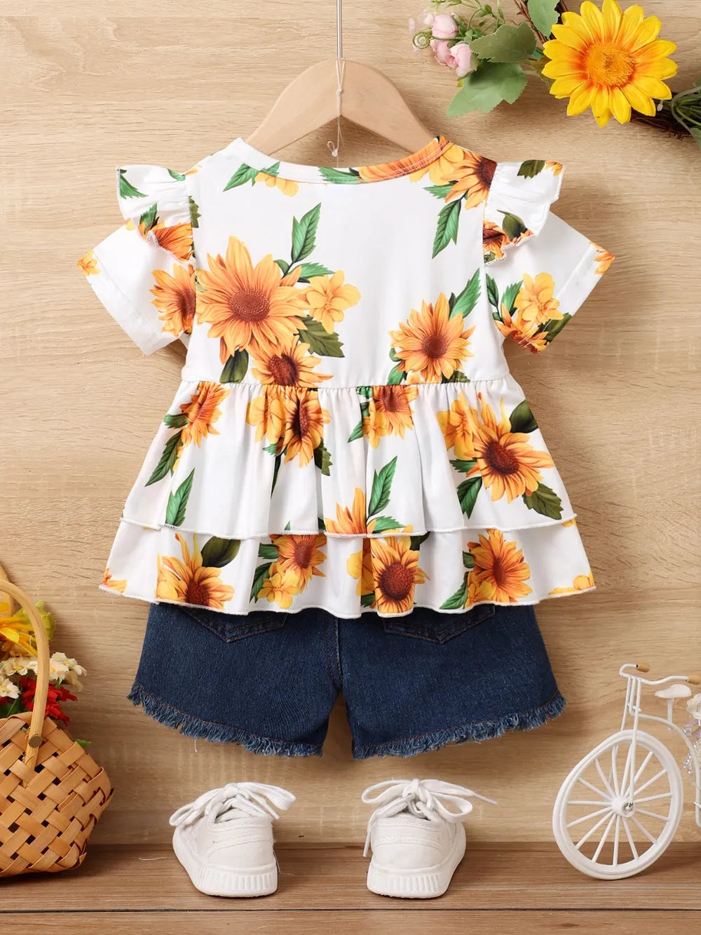 Children's Sunflower Ruffled Short Sleeve Top and Shorts Set Easy Apparels