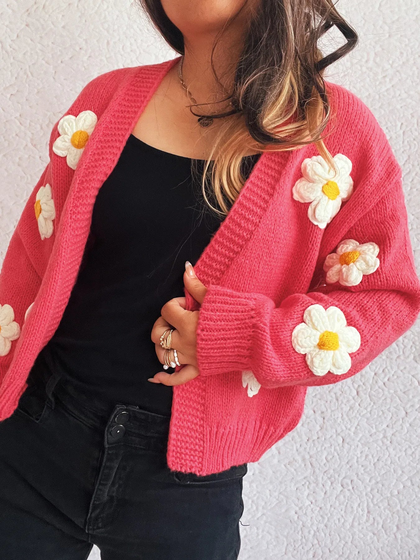 Flower Open Front Long Sleeve Cardigan Easy Apparels