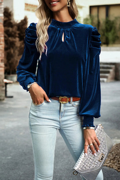 Trendsi Tie Up Mock Neck Velvet Fabric Long Sleeve Blouse Navy
