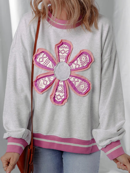 Trendsi Flower Patch Contrast Trim Crew Neck Sweatshirt