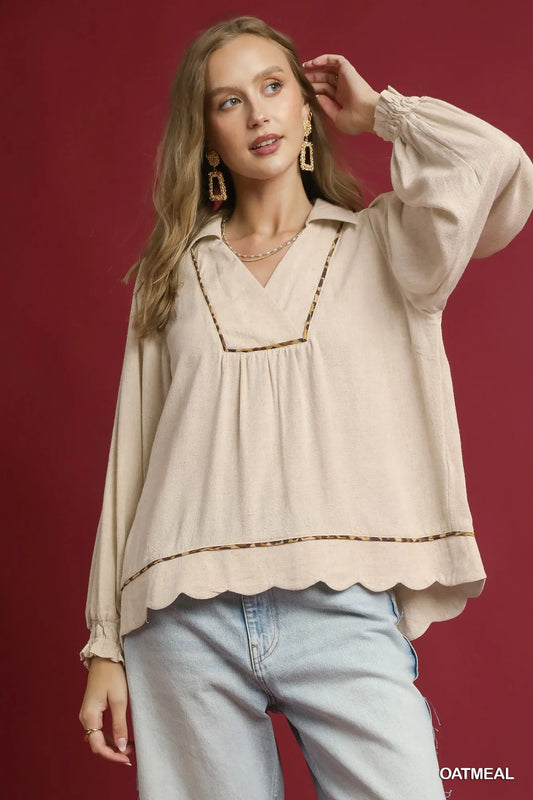 Umgee Full Size Linen Scallop Hem Blouse with Contrast Trim Plus Size OATMEAL Easy Apparels