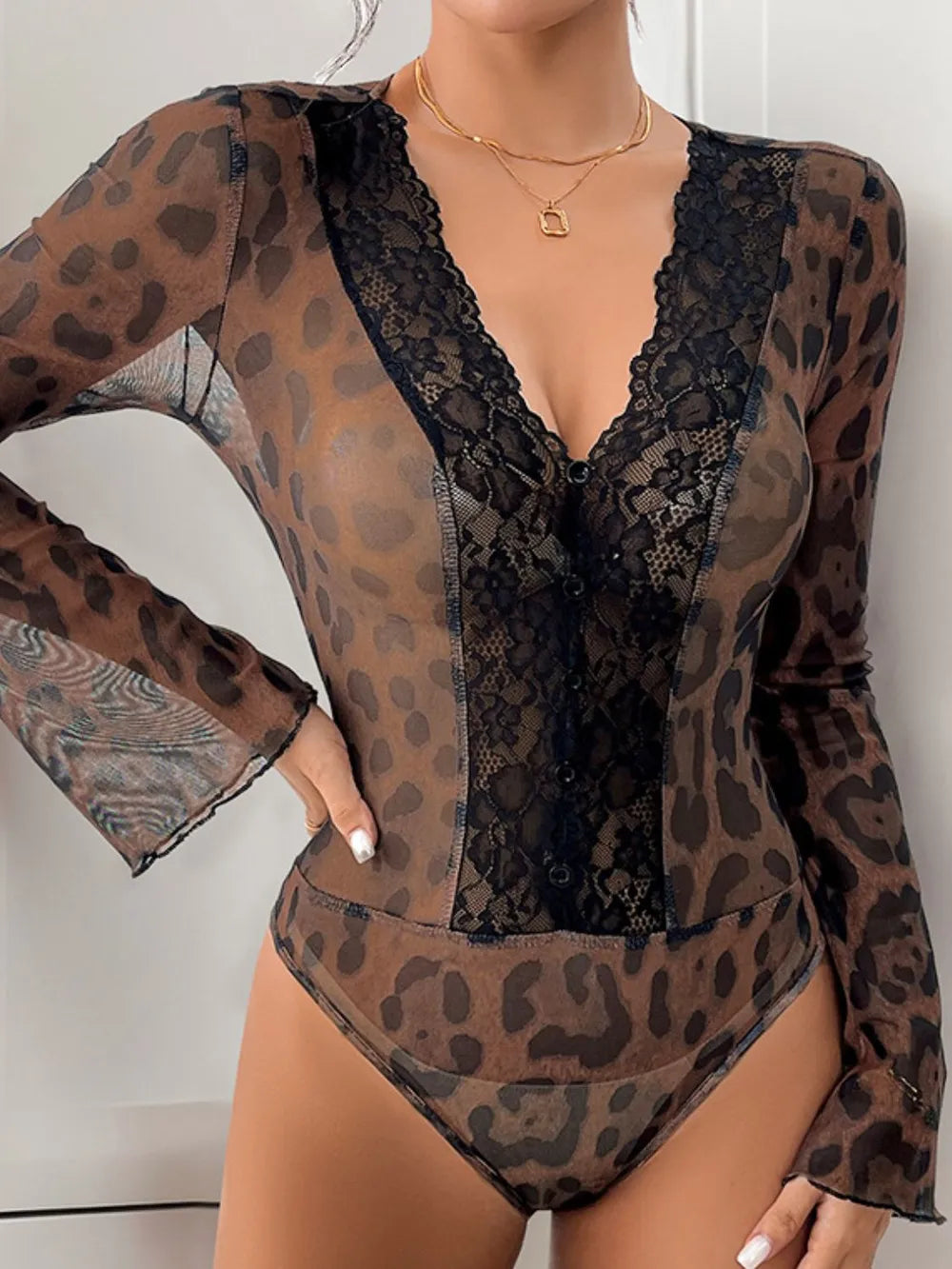 Trendsi Perfee Leopard V-Neck Lace Bodysuit