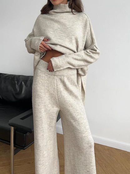 Slit Turtleneck Long Sleeve Top and Pants Sweater Set Easy Apparels