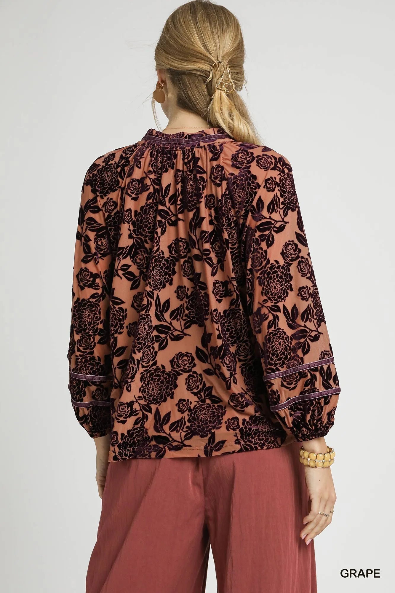 Trendsi Umgee Floral Velvet Blouse with Balloon Sleeves
