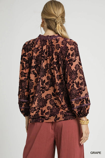 Trendsi Umgee Floral Velvet Blouse with Balloon Sleeves