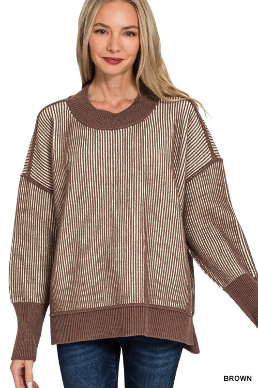 Trendsi Zenana Exposed Seam Two Tone Ribbed Sweater BROWN