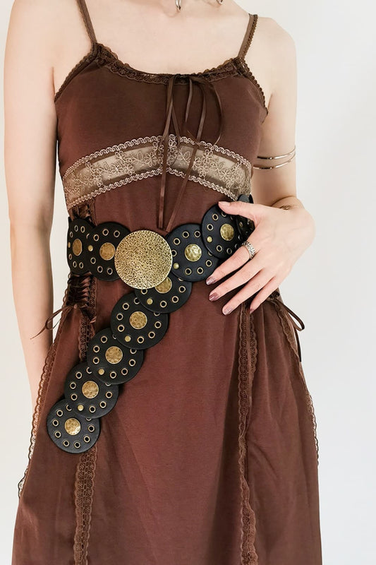 Round Shape PU Leather Belt Black Gold One Size Easy Apparels