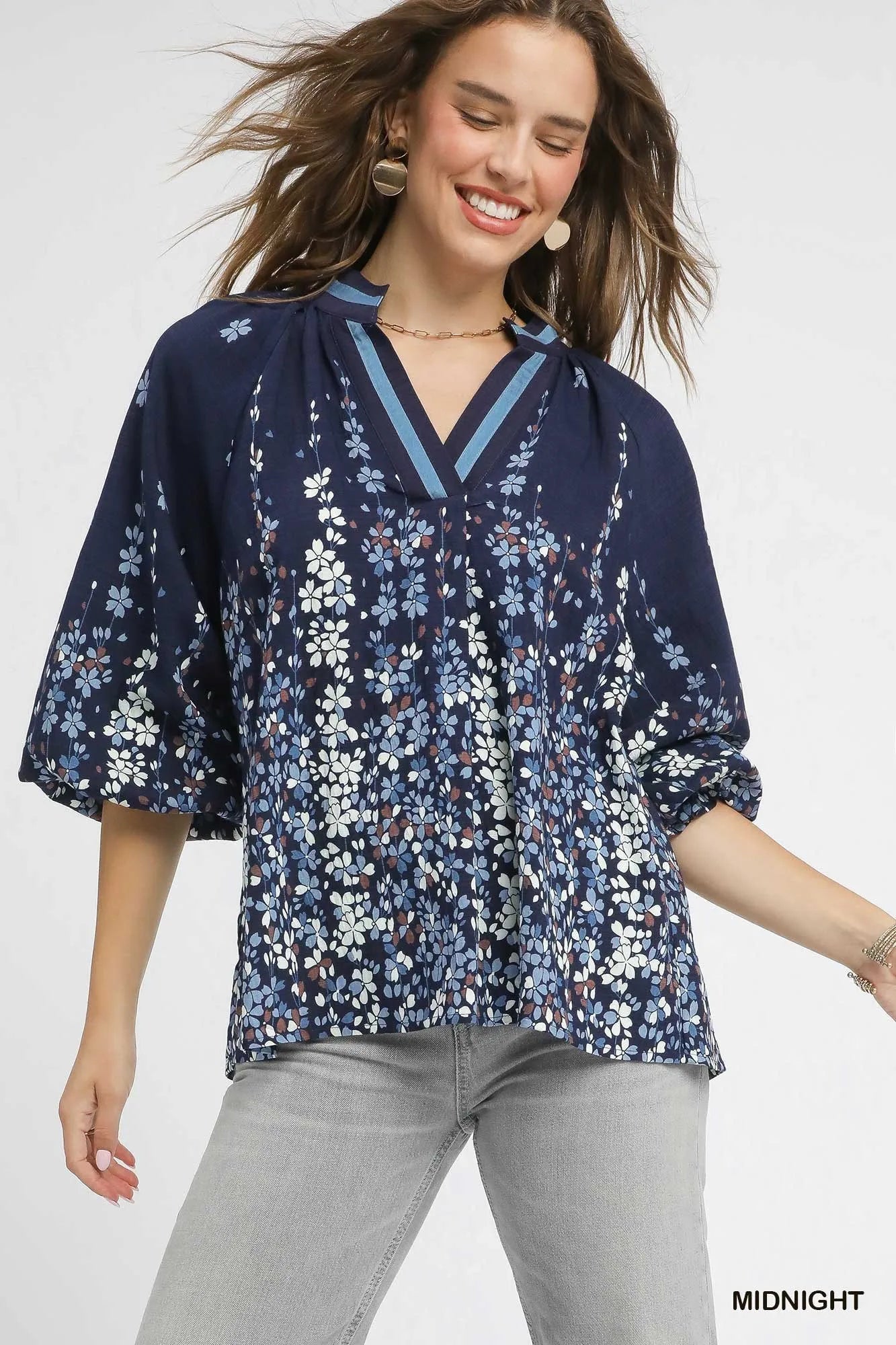 Trendsi Umgee Full Size Floral Vine Print Blouse with Balloon Sleeves Plus Size MIDNIGHT