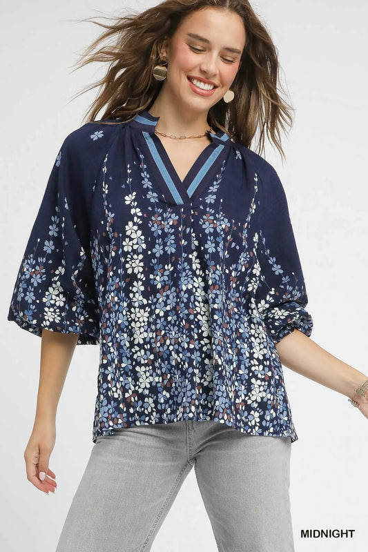 Trendsi Umgee Full Size Floral Vine Print Blouse with Balloon Sleeves Plus Size MIDNIGHT