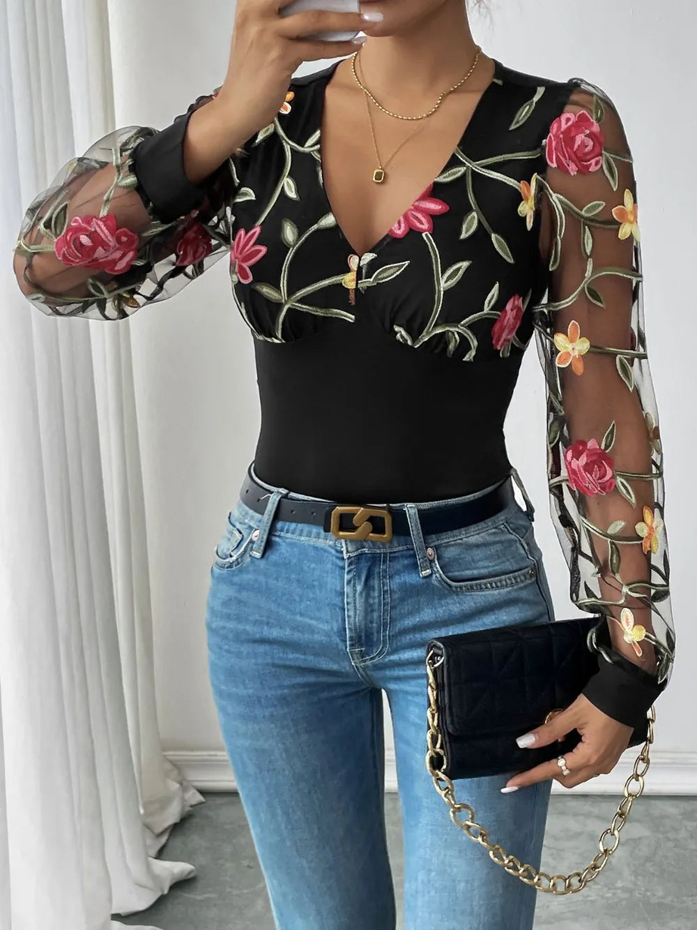 Trendsi Perfee Embroidered V-Neck Long Sleeve Bodysuit